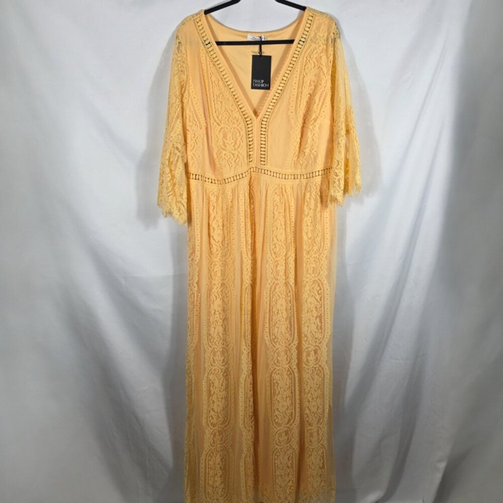 Pinup Fashion Yellow Lace Overlay Maxi Dress Women's Size 18 NEW